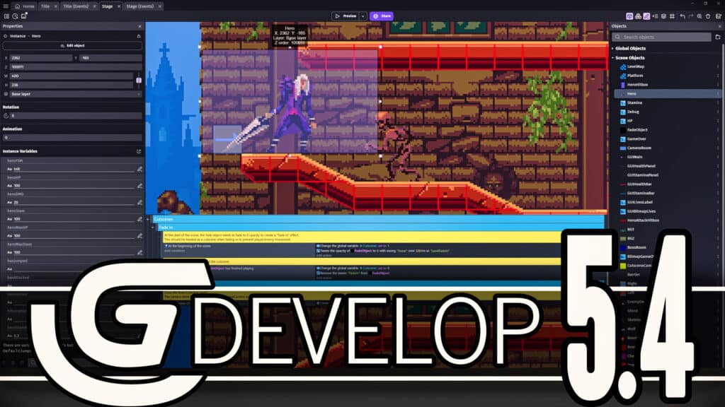GDevelop 5.4 was released with the addition of an easy to use multiplayer solution, as well as a rework of the game engine's variable system